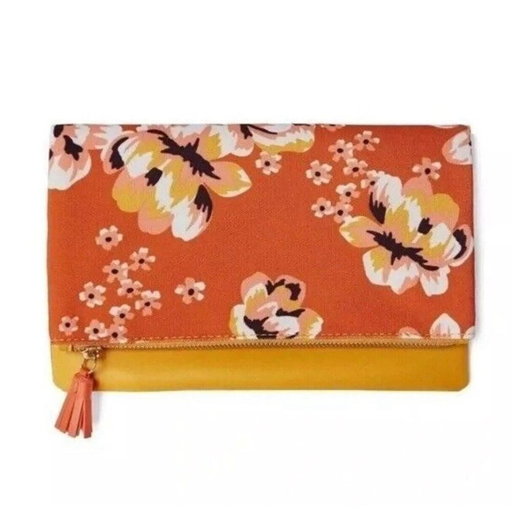 Rachel Pally Anthropologie Floral Orange Yellow Fold Over Clutch Zipper‎ Handbag